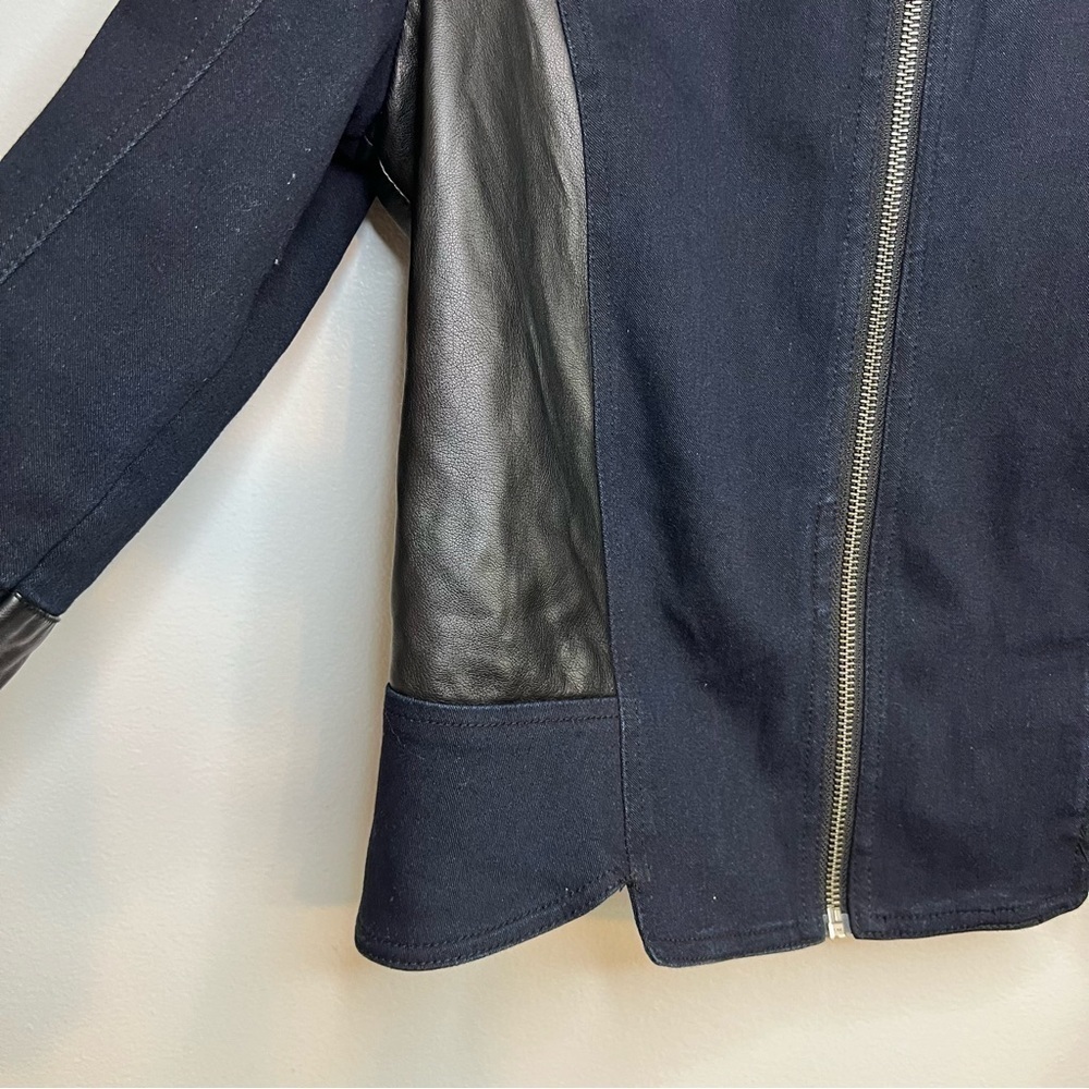 Kiind of Thalia faux leather two toned jacket Sz L Navy Black Cotton Chic City - Picture 5 of 14